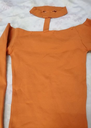 Uzun Kollu, Kayık Yaka Turuncu Kadın Kazak - Görsel 2