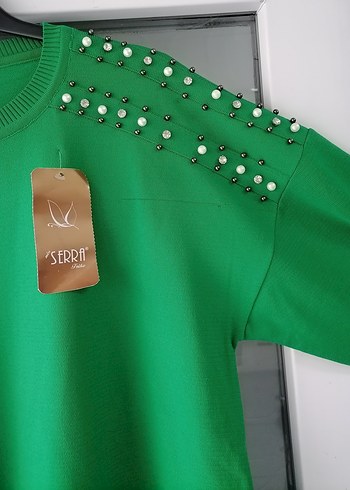 Boncuk Detaylı Uzun Yeşil Kadın Triko - Görsel 3