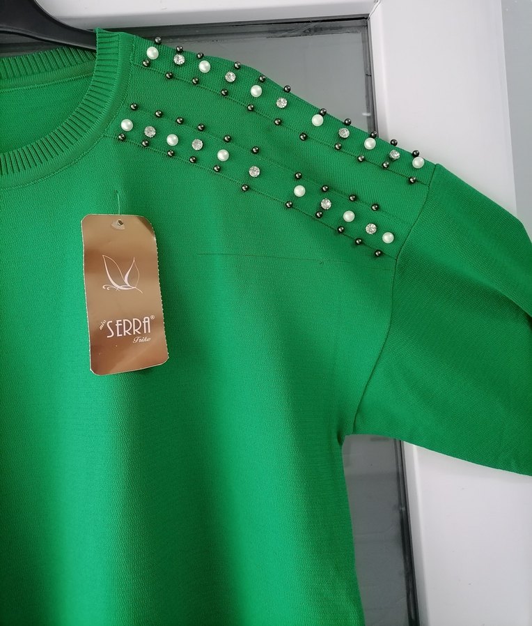 Boncuk Detaylı Uzun Yeşil Kadın Triko - Görsel 3