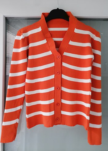 Çizgili V Yaka Örgü Kadın Hırka - Görsel 2