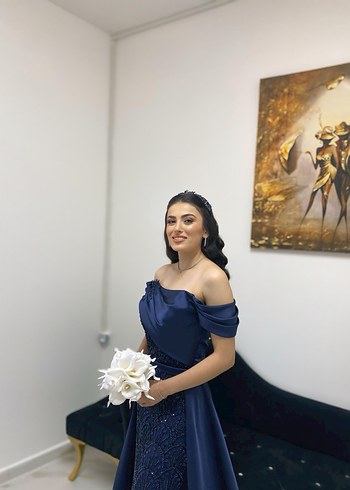 Abiye Drapeli Lacivert Straplez Uzun Abiye Elbise