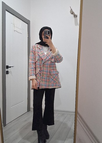 Kadın Çok Renkli Ekose Midi Ceket - Görsel 3