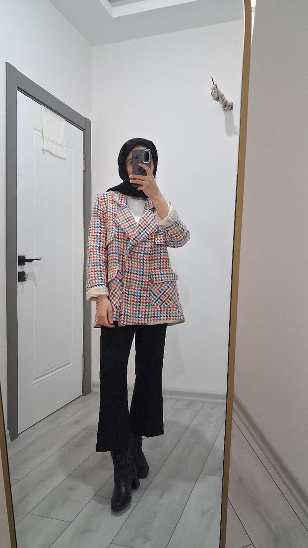 Kadın Çok Renkli Ekose Midi Ceket - Görsel 3