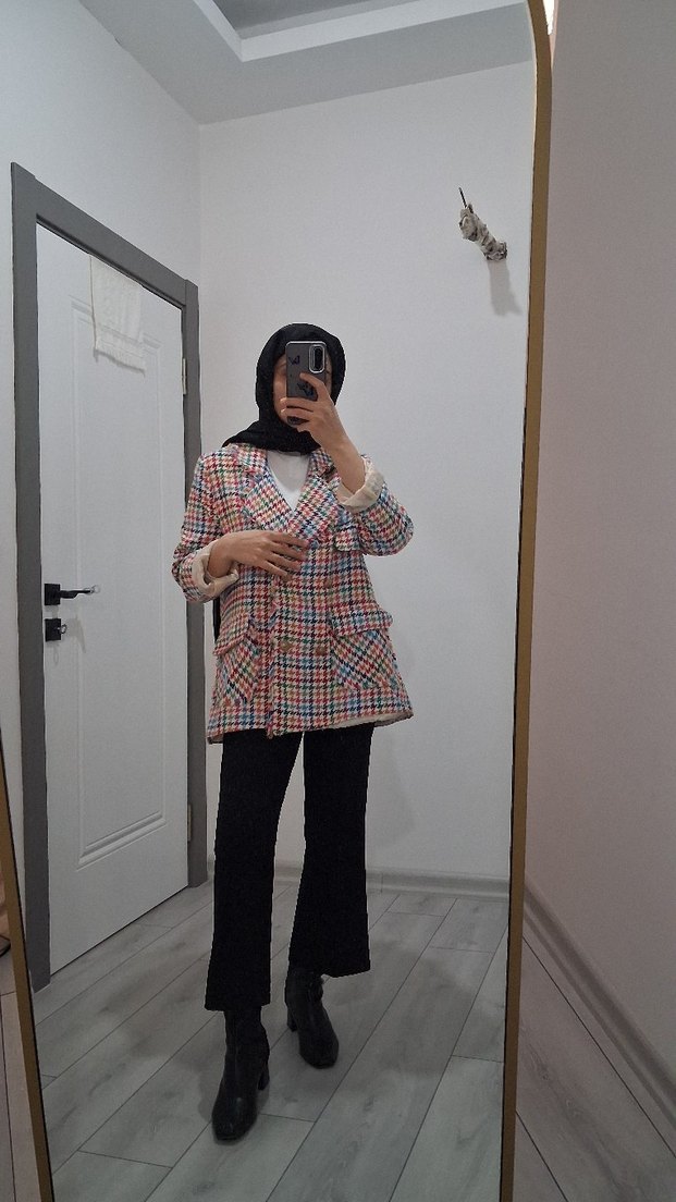 Kadın Çok Renkli Ekose Midi Ceket - Görsel 2