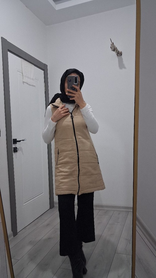 Bej Midi Kadın Şişme Yelek - Görsel 3