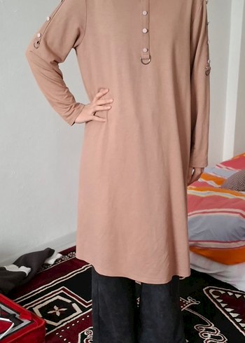 Bej Uzun Kollu Düğmeli Kadın Tunik - Görsel 2