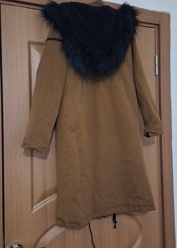 Kadın Bej Uzun Süet Ceket Kürklü Kapüşonlu - Görsel 3