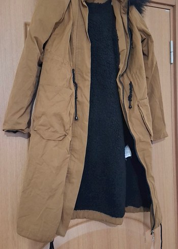 Kadın Bej Uzun Süet Ceket Kürklü Kapüşonlu - Görsel 7