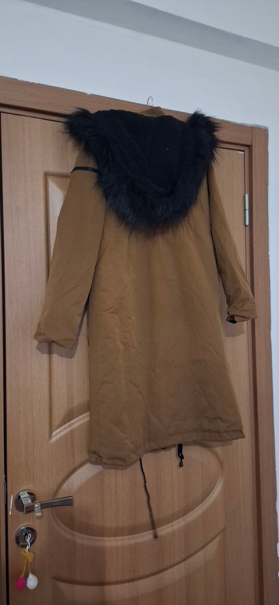 Kadın Bej Uzun Süet Ceket Kürklü Kapüşonlu - Görsel 3