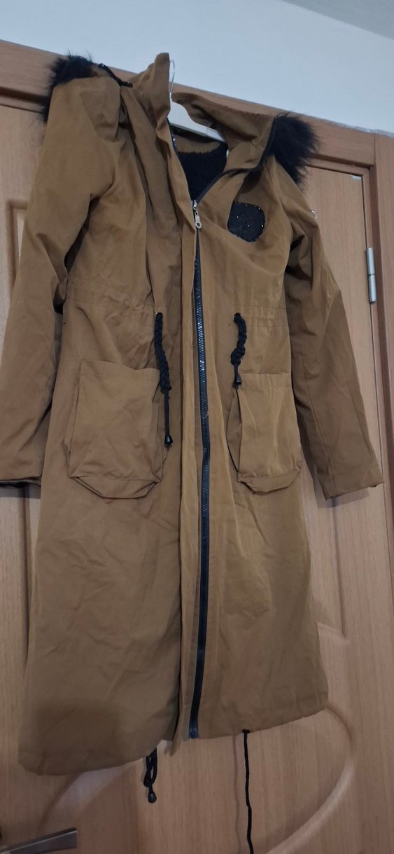 Kadın Bej Uzun Süet Ceket Kürklü Kapüşonlu - Görsel 2