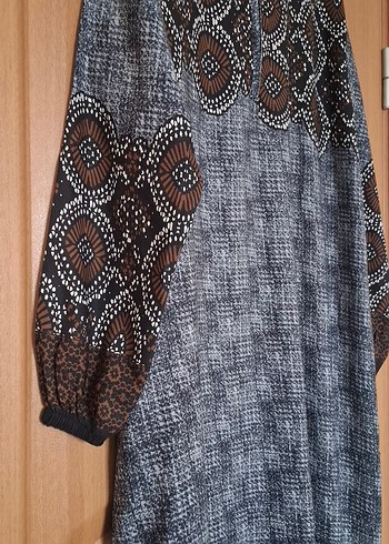 MAE Bohem Uzun Kollu V Yaka Kahverengi elbise - Görsel 2