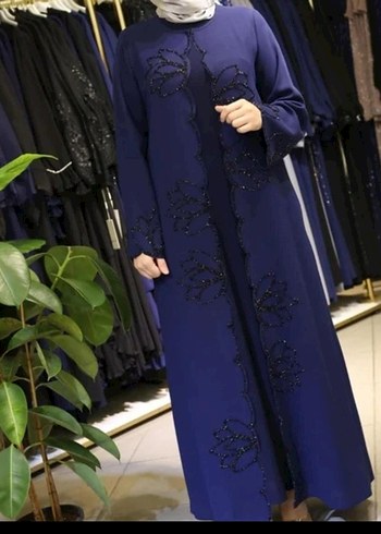 Boncuk İşlemeli Lacivert Uzun Tesettür Abaya