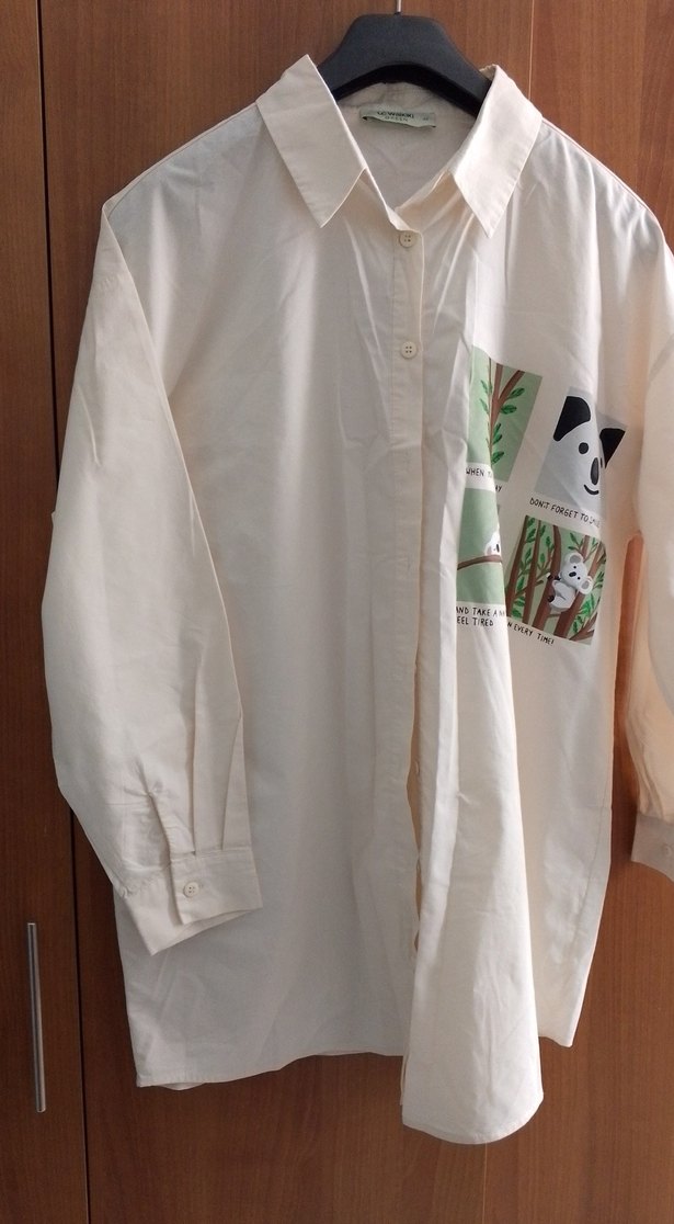 Pamuklu Baskılı Uzun Kollu Beyaz Gömlek - Görsel 5