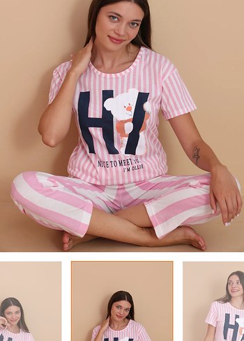 Diğer Pembe Çizgili Kısa Kollu Kadın Pijama Takımı