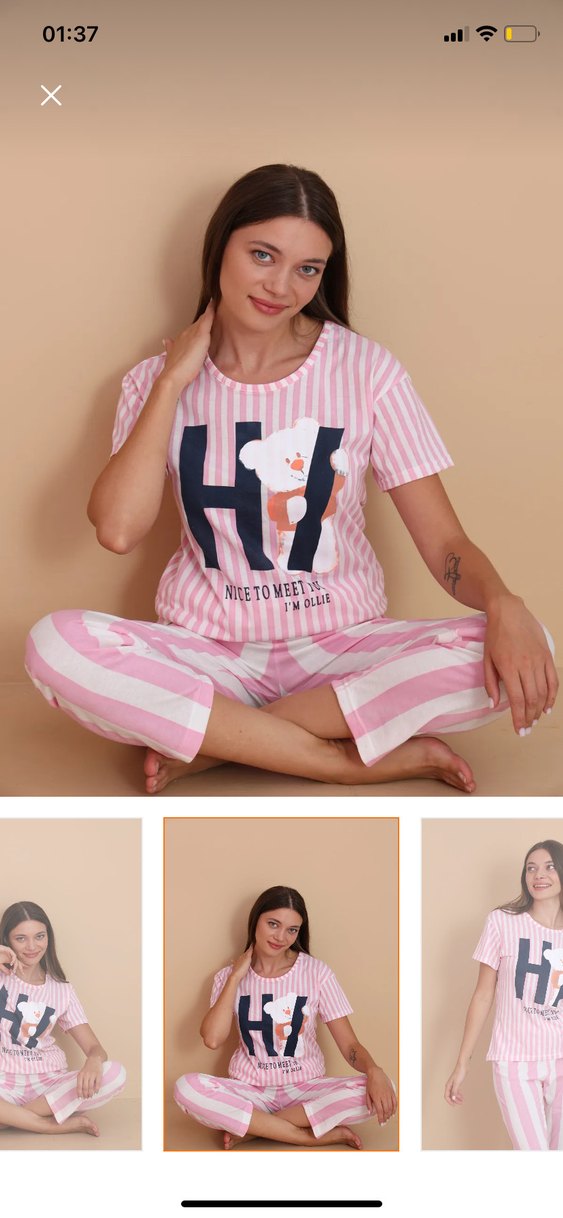 Pembe Çizgili Kısa Kollu Kadın Pijama Takımı - Görsel 2