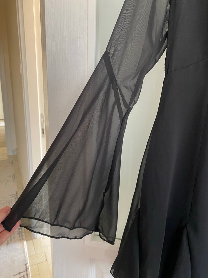 Siyah V Yakalı Uzun Kollu Midi Elbise - Görsel 2