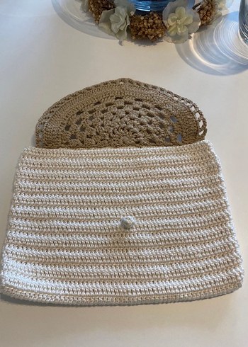 Dantel Detaylı Bej Örgü Kadın Portföy Çanta - Görsel 2