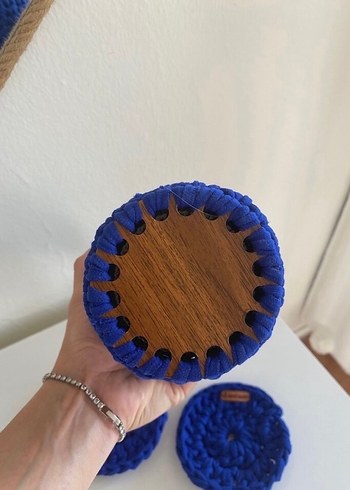 Mavi Örgü şişe Taşıma Çantası ve Bardak Altlıkları - Görsel 3