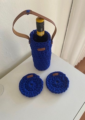 Mavi Örgü şişe Taşıma Çantası ve Bardak Altlıkları - Görsel 4