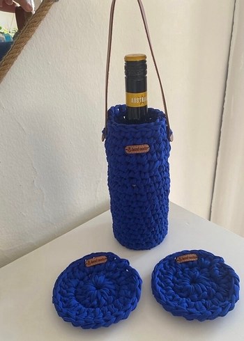 Mavi Örgü şişe Taşıma Çantası ve Bardak Altlıkları - Görsel 2