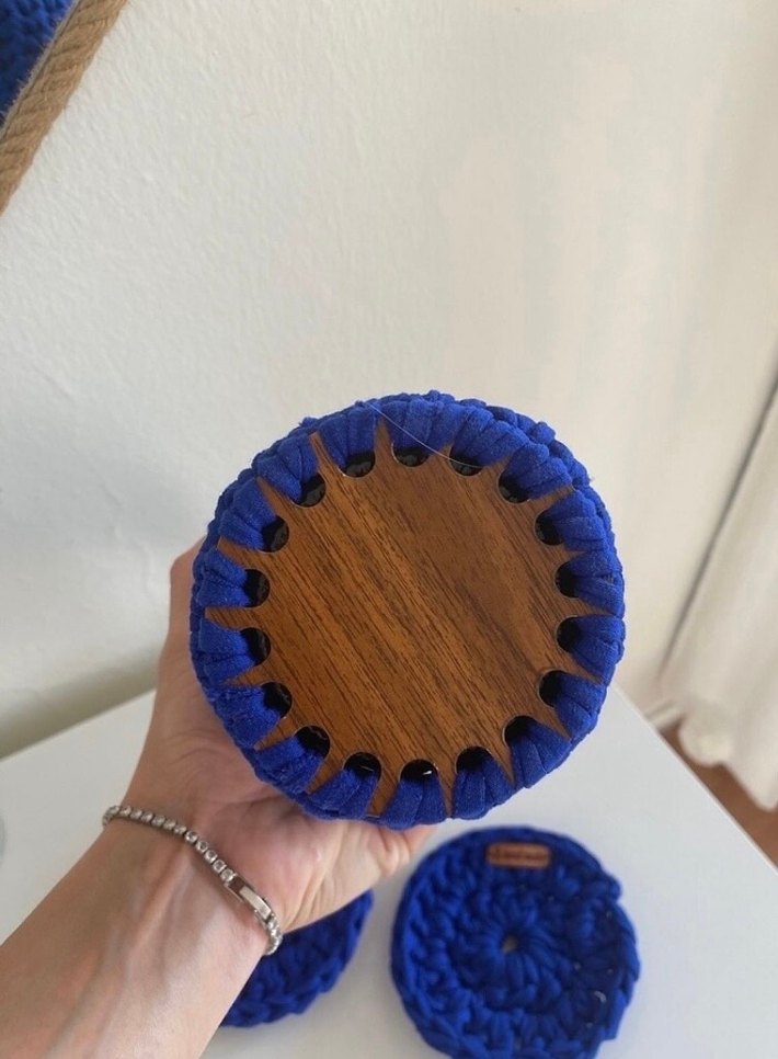 Mavi Örgü şişe Taşıma Çantası ve Bardak Altlıkları - Görsel 3