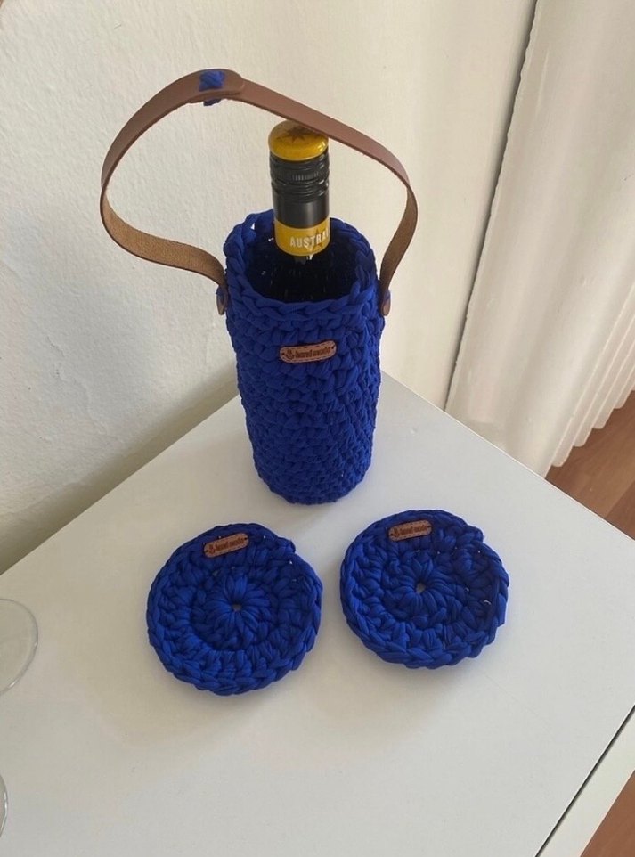 Mavi Örgü şişe Taşıma Çantası ve Bardak Altlıkları - Görsel 4
