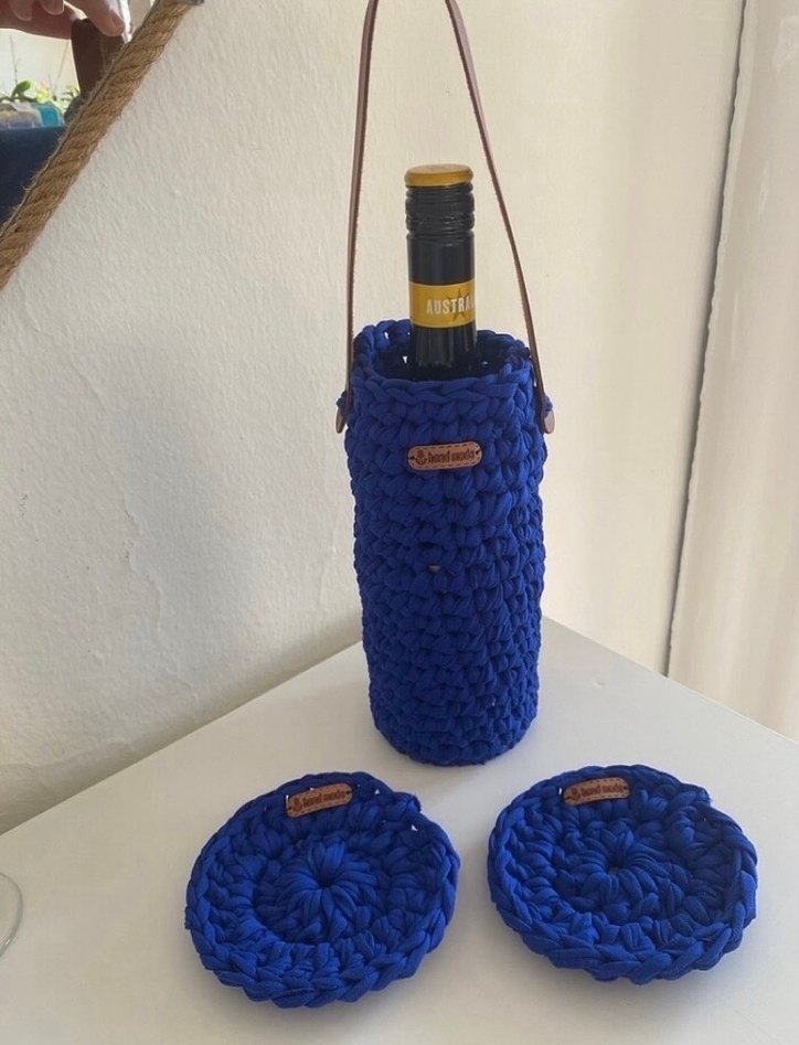 Mavi Örgü şişe Taşıma Çantası ve Bardak Altlıkları - Görsel 2