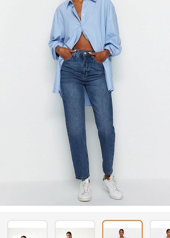 Kadın Mavi Bağcıklı Normal Kesim Denim Pantolon - Görsel 2