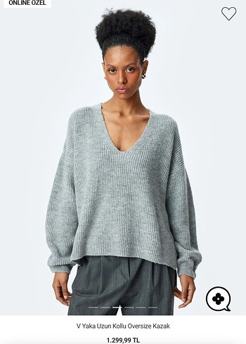 V Yaka Uzun Kollu Oversize Gri Kadın Kazak - Görsel 2