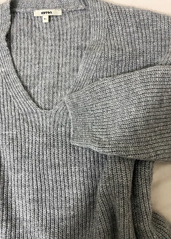 V Yaka Uzun Kollu Oversize Gri Kadın Kazak - Görsel 5