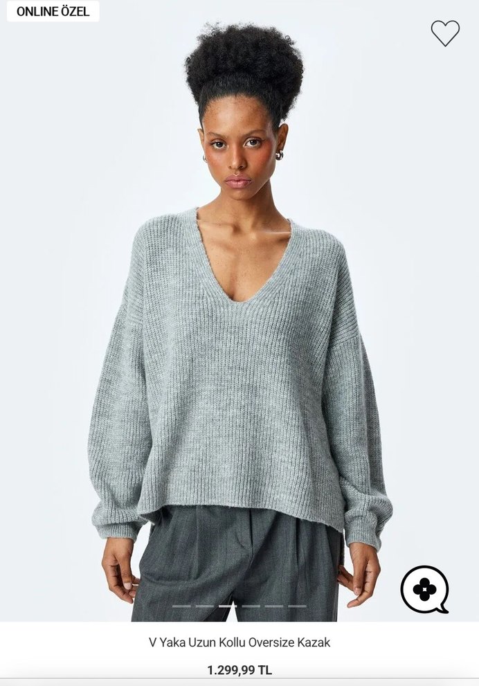 V Yaka Uzun Kollu Oversize Gri Kadın Kazak - Görsel 2