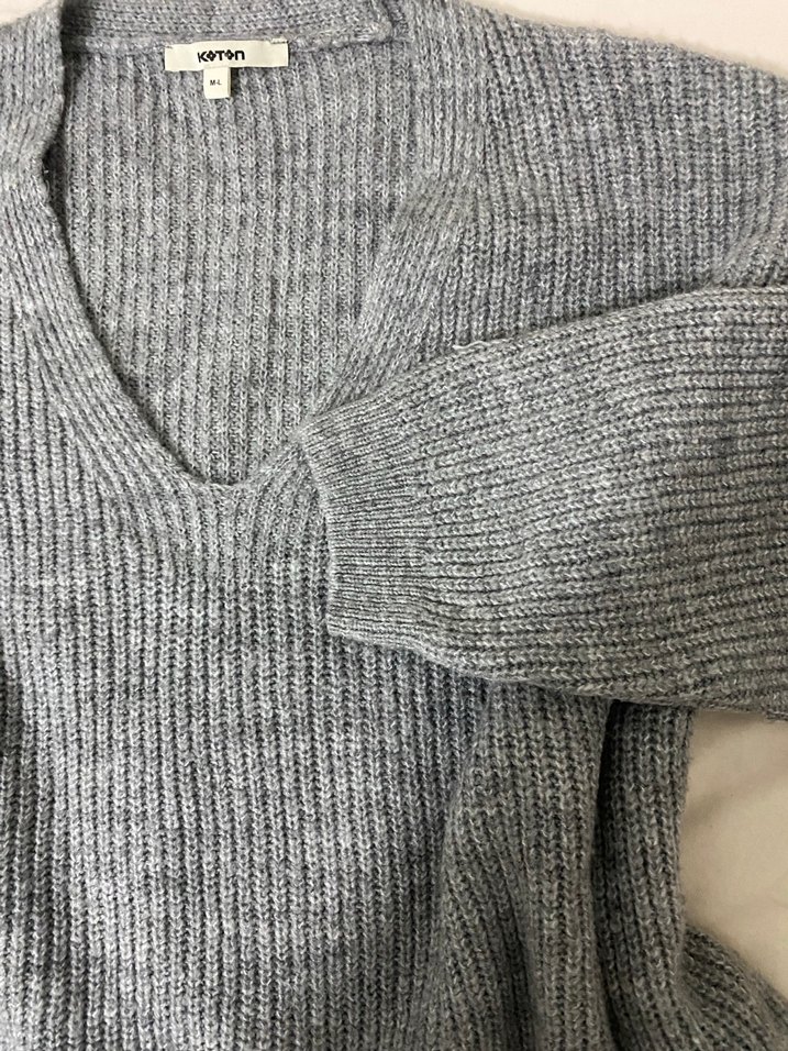 V Yaka Uzun Kollu Oversize Gri Kadın Kazak - Görsel 5