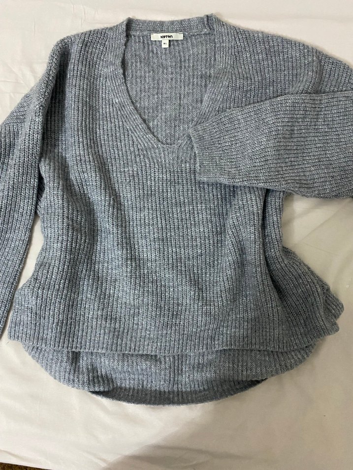 V Yaka Uzun Kollu Oversize Gri Kadın Kazak - Görsel 4