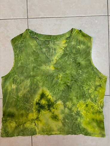 Vintage Yeşil İşlemeli Kolsuz Y2K Bluz