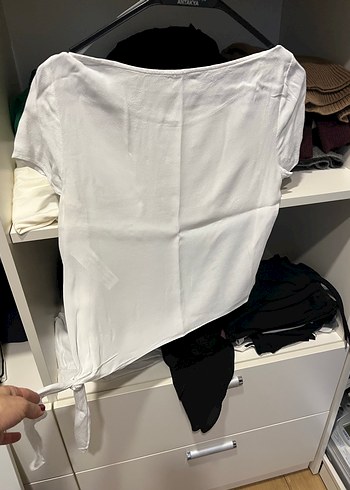 Beyaz Kısa Kollu Basic Keten Bluz - Görsel 3