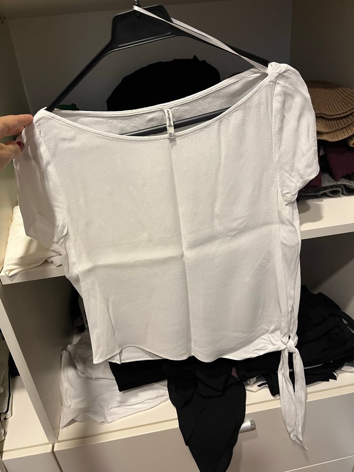 Beyaz Kısa Kollu Basic Keten Bluz - Görsel 4