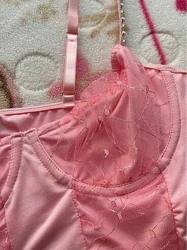 American Vintage Dantelli inci korseli pembe crop askılı lolita y2k