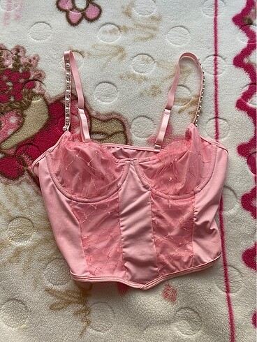 Dantelli inci korseli pembe crop askılı lolita y2k