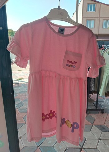 Pembe Kısa Kollu Kız Elbisesi
