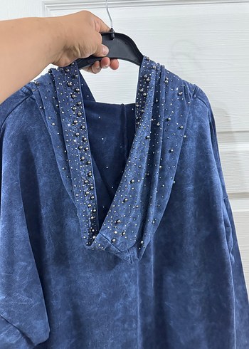 Kapüşonlu, Fermuarlı Uzun Mavi Denim Tunik - Görsel 5