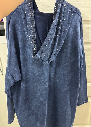 Kapüşonlu, Fermuarlı Uzun Mavi Denim Tunik - Görsel 6