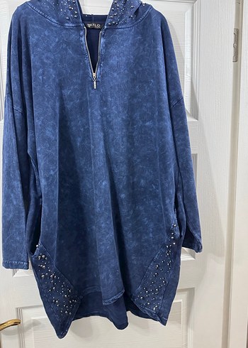 Kapüşonlu, Fermuarlı Uzun Mavi Denim Tunik - Görsel 2