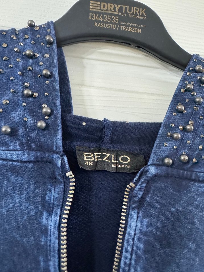 Kapüşonlu, Fermuarlı Uzun Mavi Denim Tunik - Görsel 4