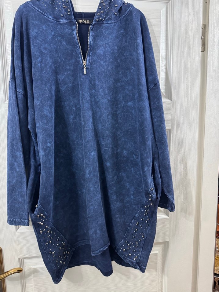 Kapüşonlu, Fermuarlı Uzun Mavi Denim Tunik - Görsel 2