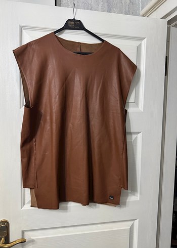 Kahverengi Deri Kolsuz Bluz süveter - Görsel 2