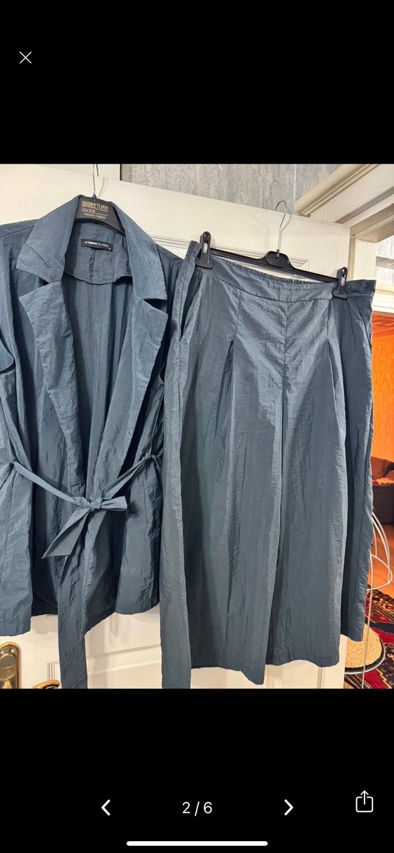 Mavi  yelekli paraşüt kumaş Keten Kadın Takım - Görsel 2