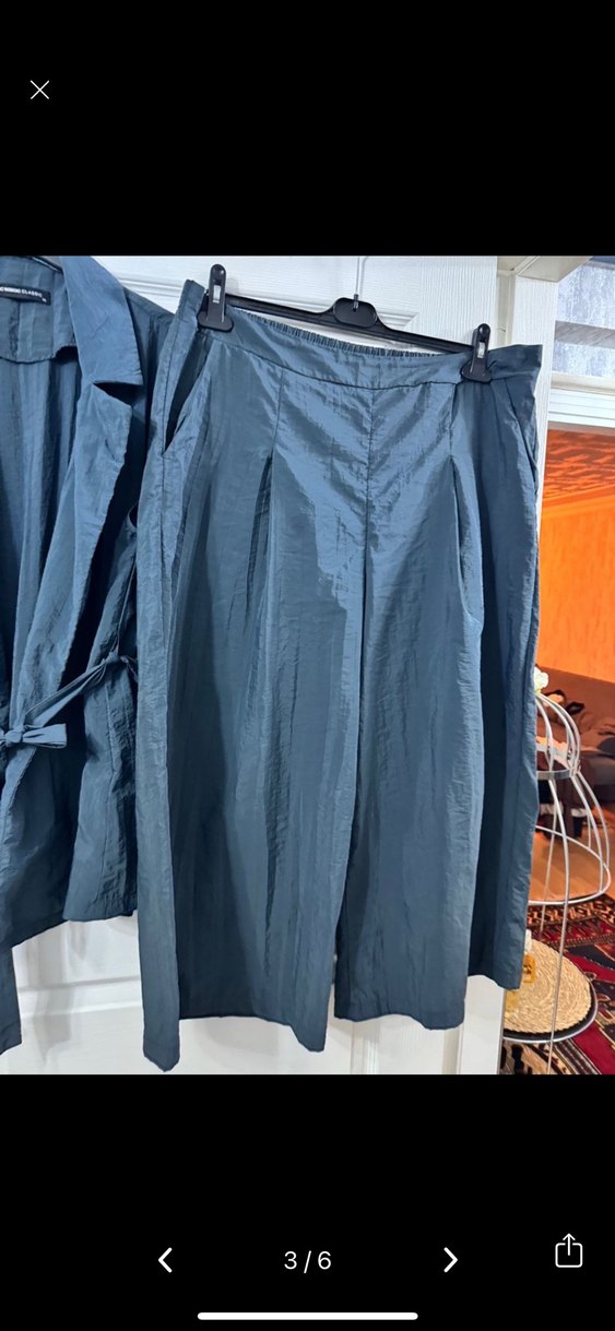 Mavi  yelekli paraşüt kumaş Keten Kadın Takım - Görsel 3