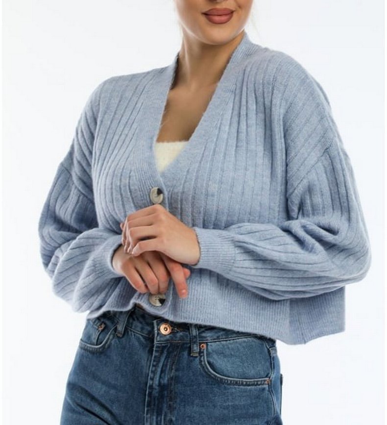 Düğmeli Gri V Yaka Kadın Hırka - Görsel 2