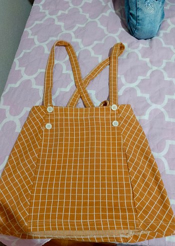 Kız Çocuk Bej Kareli Askılı Elbise - Görsel 2