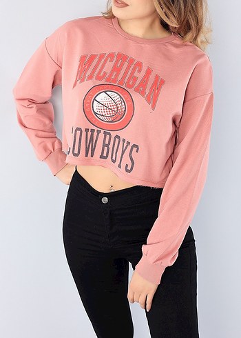 LC Waikiki Michigan Cowboys Pembe Crop Sweatshirt
